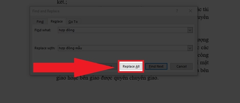 Nhấn Replace để thay thế lần lượt từng từ một