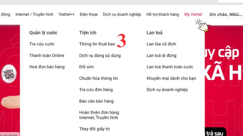 Chọn Tiện ích > Thông tin thuê bao