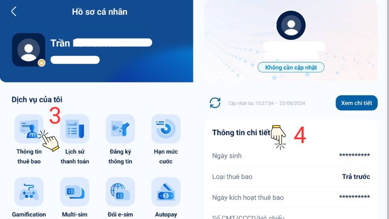 Chọn Thông tin thuê bao để xem thông tin đăng ký SIM