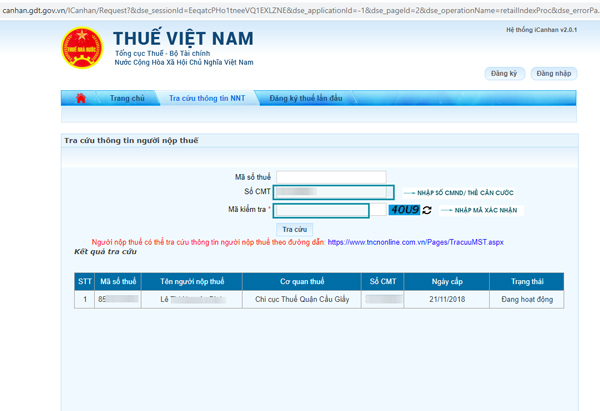 tra cứu mã số thuế cá nhân trên trang tracuumst