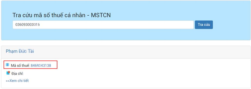 Kết quả tra cứu mã số thuế cá nhân trên trang TNCNonline