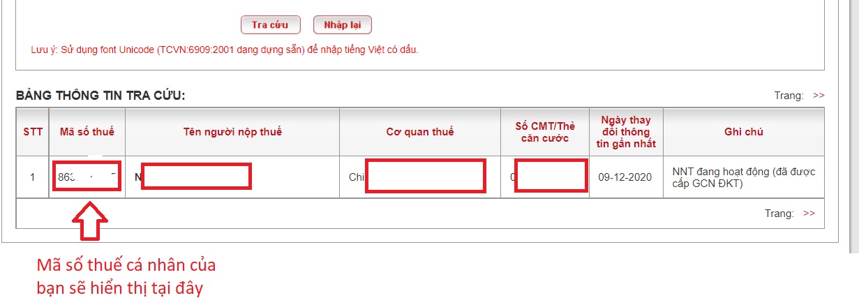 mã số thuế cá nhân hiển thị tại đây