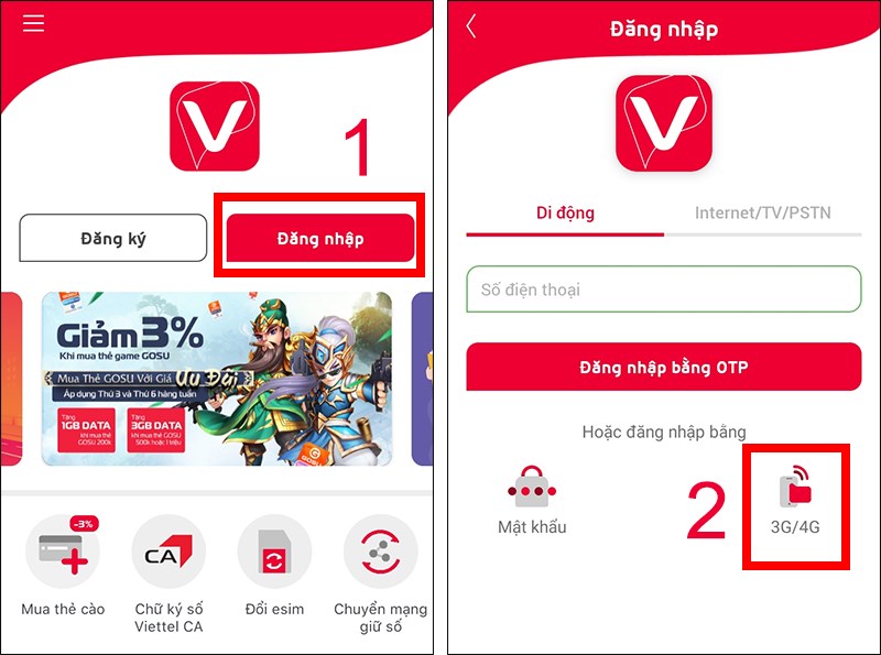 Chọn Đăng nhập, chọn 3G/4G