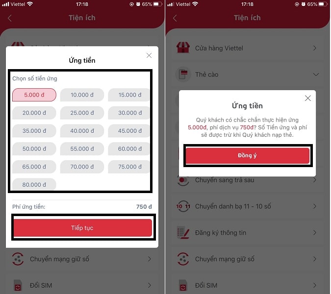 chọn bước ứng tiền điện thoại qua Viettel Pay