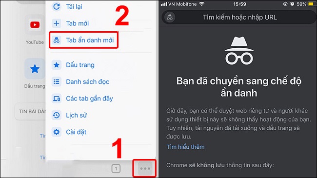 mở tab ẩn danh trên điện thoại