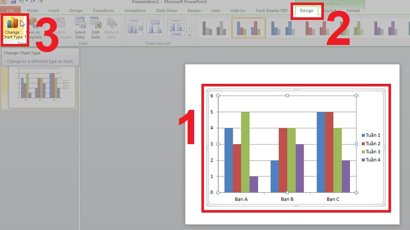 Vào tab Design rồi chọn Change Chart Type