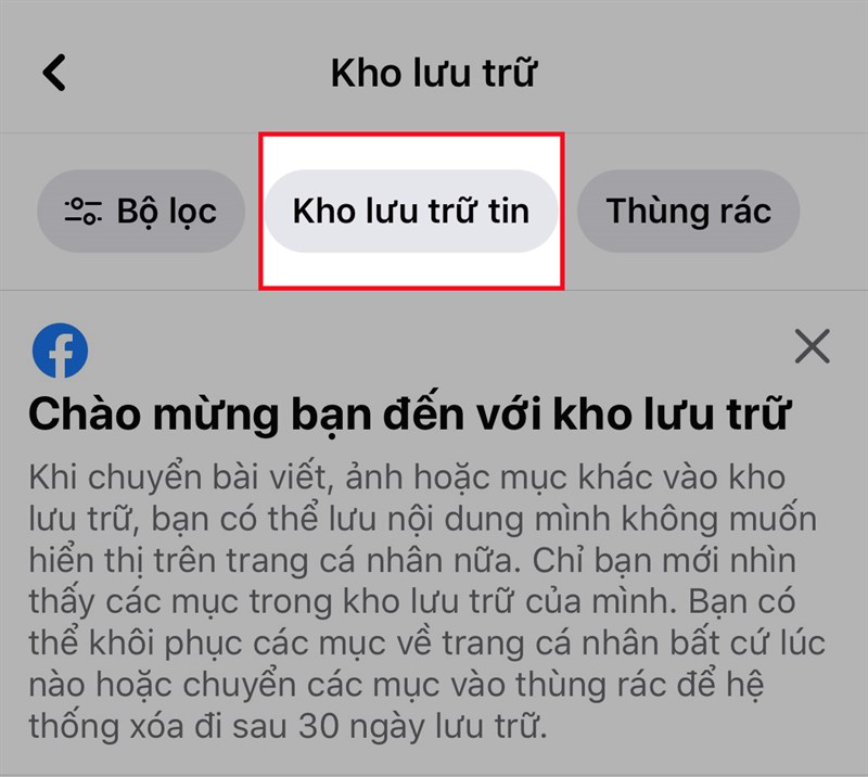 Nhấn vào Kho lưu trữ tin ở giữa phía trên màn hình