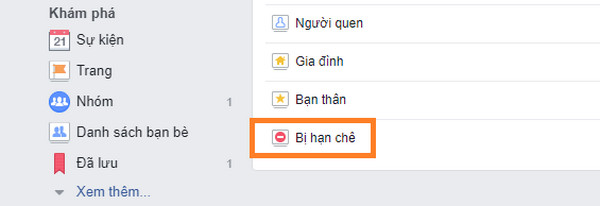 danh sách hạn chế trên facebook