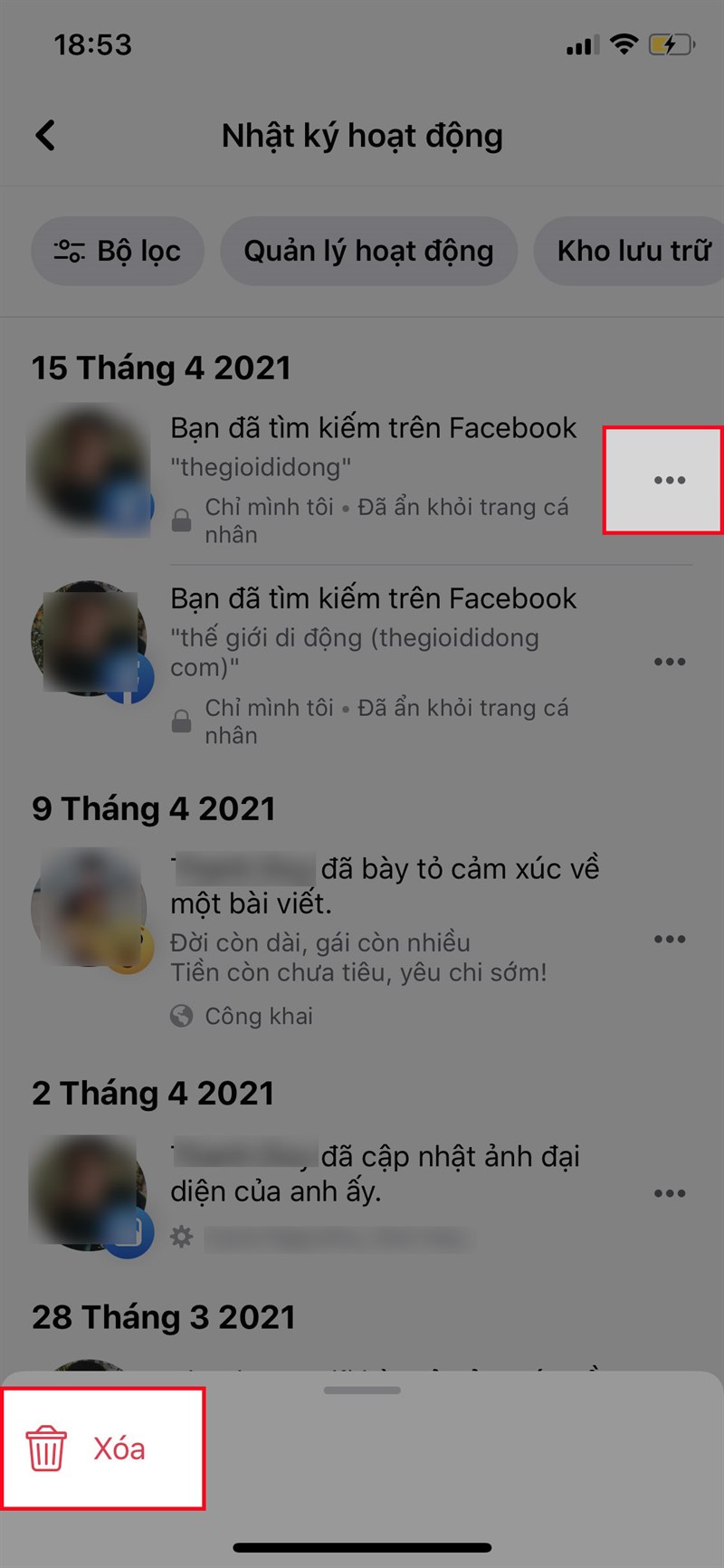 Ngoài ra, bạn cũng có thể sử dụng Bộ lọc để xem lại tất cả những nội dung mà bạn đã đăng, bài viết bạn đã ẩn khỏi dòng thời gian, bạn bè mà bạn đã thêm hoặc xóa,… bằng cách:Nhấn vào Bộ lọc > Chọn hạng mục và năm mà bạn muốn xem nhật ký hoạt động