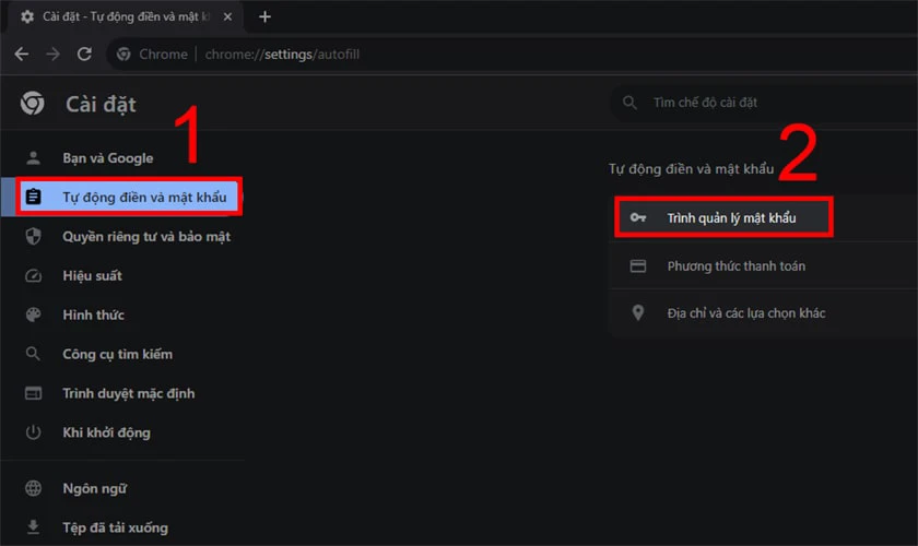 Chọn Tự động điền và mật khẩu và chọn tiếp Trình quản lý mật khẩu