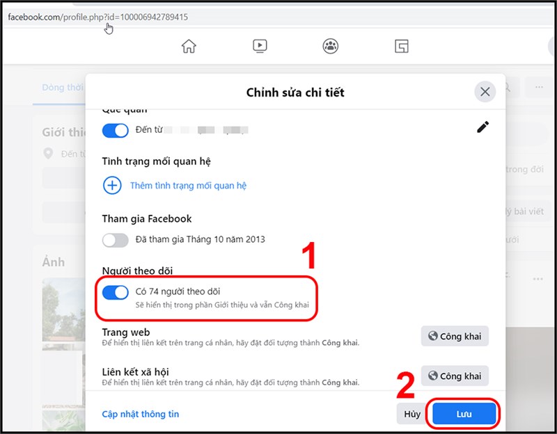 Bật hiện số người theo dõi và bấm Lưu.