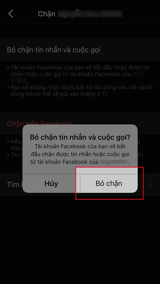 Chọn tài khoản mà bạn muốn bỏ chặn > Nhấn vào Bỏ chặn tin nhắn và cuộc gọi