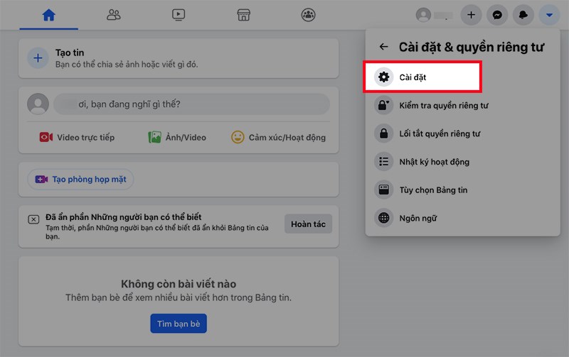 Mở Facebook trên máy tính, nhấn vào biểu tượng tam giác ở góc trên bên phải > Chọn Cài đặt & Quyền riêng tư