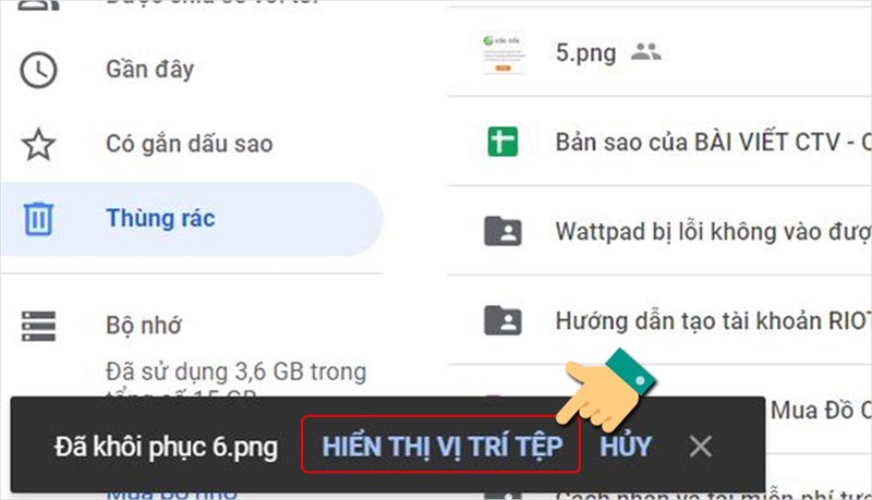 Hiển thị thư mục đã xóa.