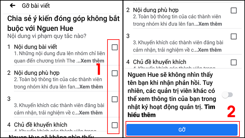 Bước 2: Nhập hoặc tích chọn lý do tại sao lại gỡ bài viết > Nhấn nút Gỡ bài viết.