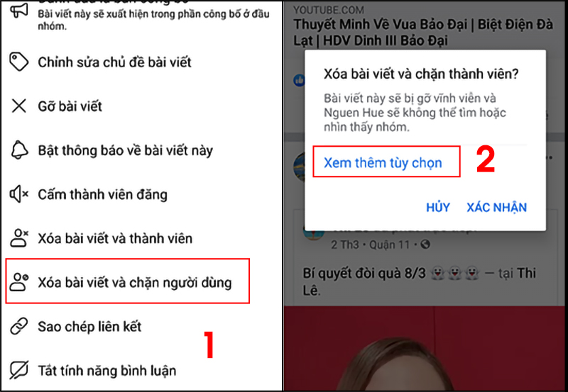 - Bước 3: Nhấn vào Xóa bài viết và chặn người dùng > Nhấn Xem thêm tuỳ chọn để mở rộng tùy chọn khác.