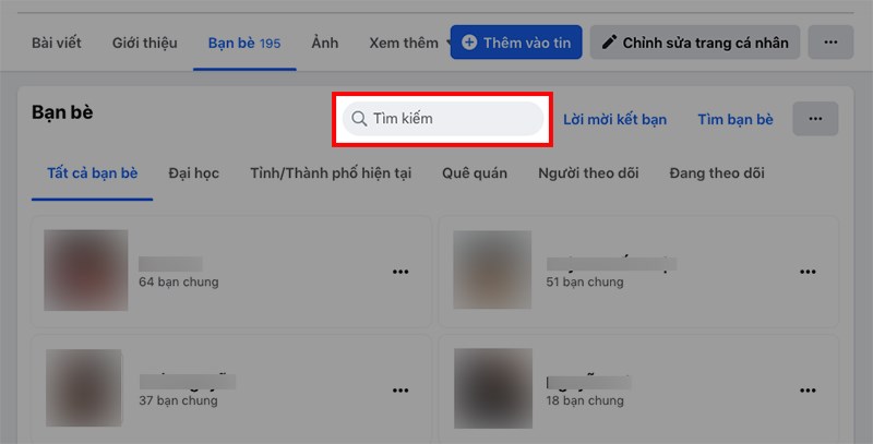 Nhập tên bạn bè vào khung Tìm kiếm