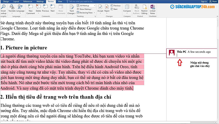Thêm ghi chú trong word vào ô như hình