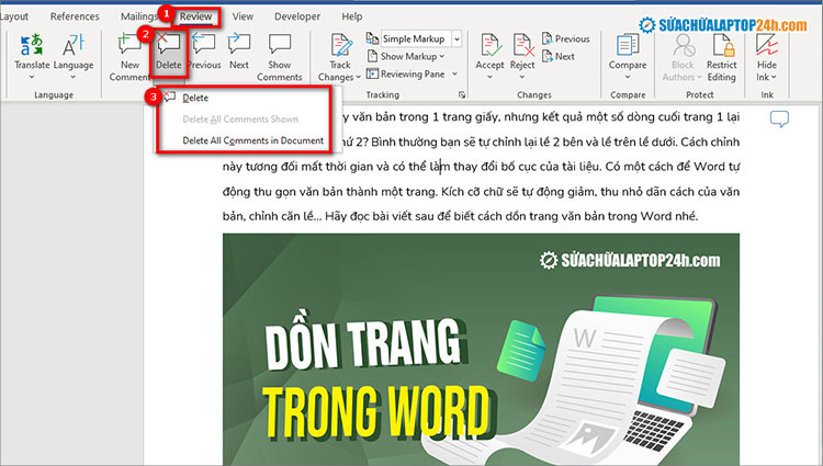 Chọn để xóa ghi chú trong word