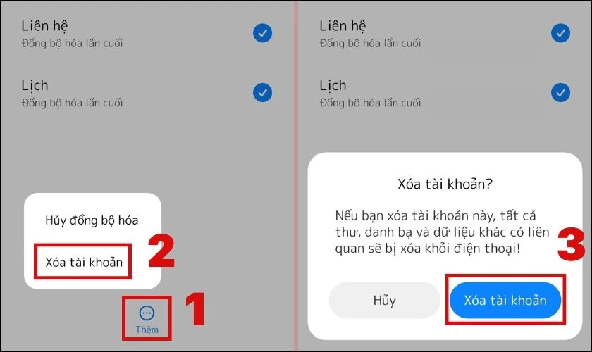 Nhấn vào biểu tượng Ba chấm, chọn Xóa tài khoản, nhấn lại lần nữa để xác nhận