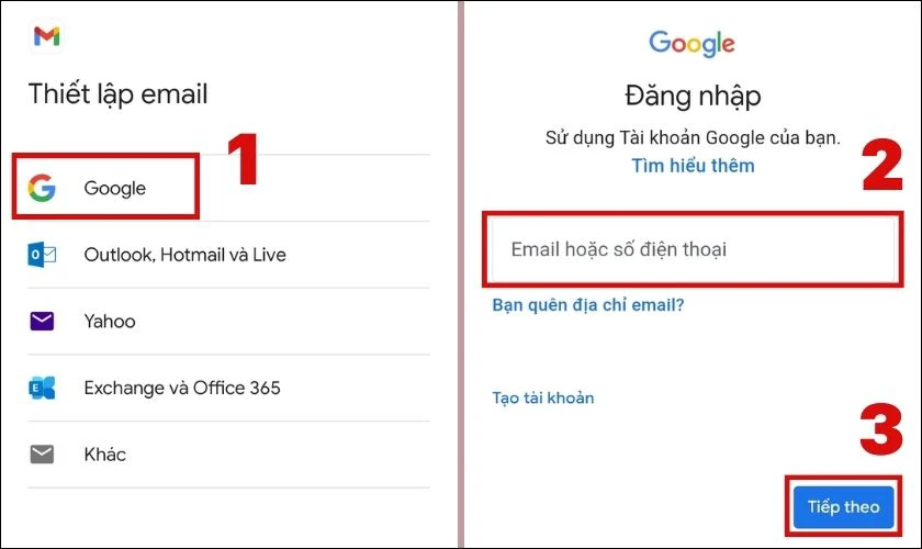 Nhấn chọn Google, nhập địa chỉ email và nhấn vào Tiếp theo