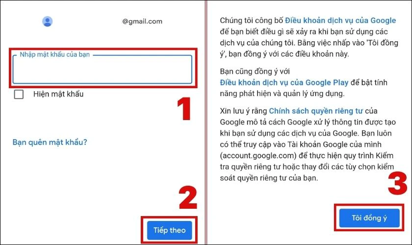 Nhập vào mật khẩu cho tài khoản Gmail và nhấn vào Tiếp theo