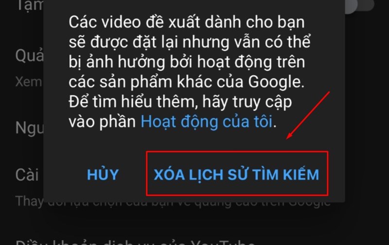 Nhấn Xóa lịch sử tìm kiếm