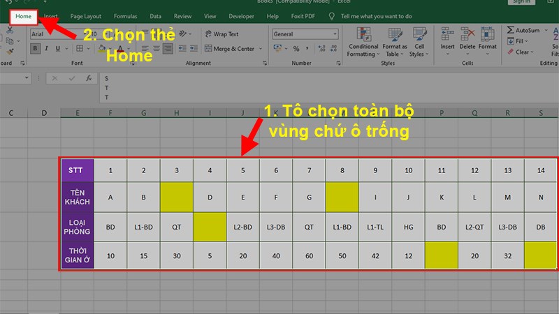 Mở file Excel chứa các ô trống cần xóa > Tô chọn vùng dữ liệu hoặc toàn bộ bảng tính chứa ô trống > Chọn thẻ Home