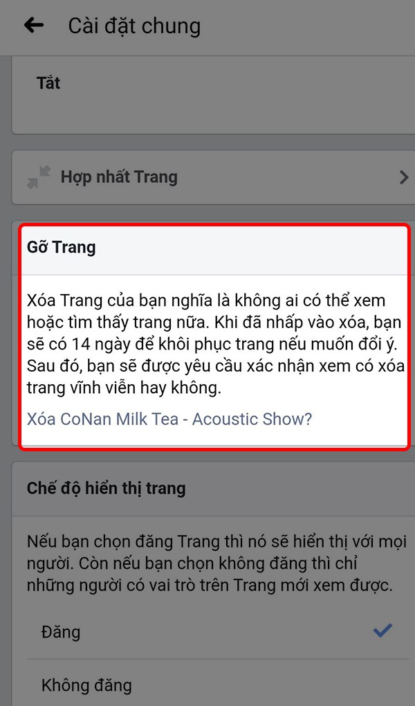 Kéo xuống bên dưới tại mục Gỡ Trang, nhấn vào Xóa tên Fanpage.