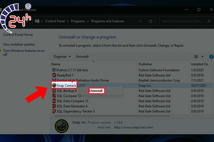 xóa Snap Camera bằng Control Panel