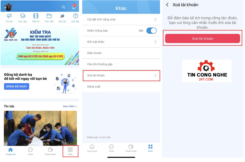 cach xoa thong tin tren app thanh nien viet nam