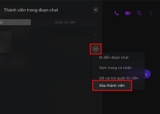 Nhấn vào biểu tượng 3 dấu chấm ở bên phải tên thành viên mà bạn muốn xóa > Chọn Xóa thành viên