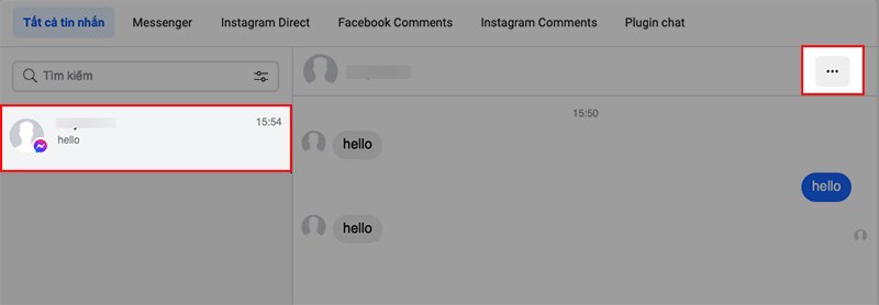 Chọn tin nhắn trên Fanpage Facebook mà bạn muốn xóa > Nhấn vào biểu tượng 3 dấu chấm