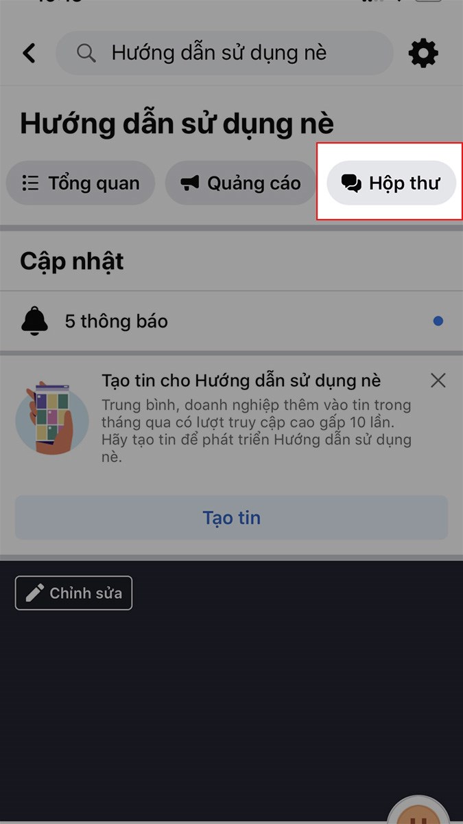 Mở trang Fanpage Facebook của bạn > Chọn Hộp thư