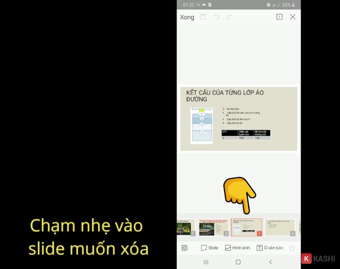 Người dùng chọn vào slide muốn xoá