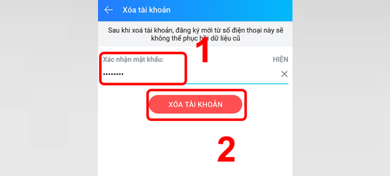 Người dùng nhập mật khẩu và nhấn Xóa tài khoản để xác nhận