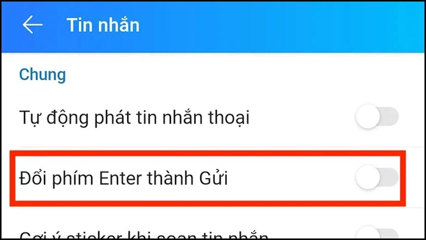 nhấn tắt chế độ đổi phím enter thành gửi