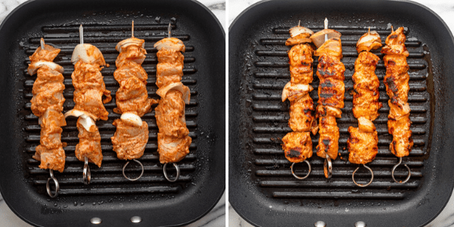 Process shots showing the chicken on skewers before and after grilling