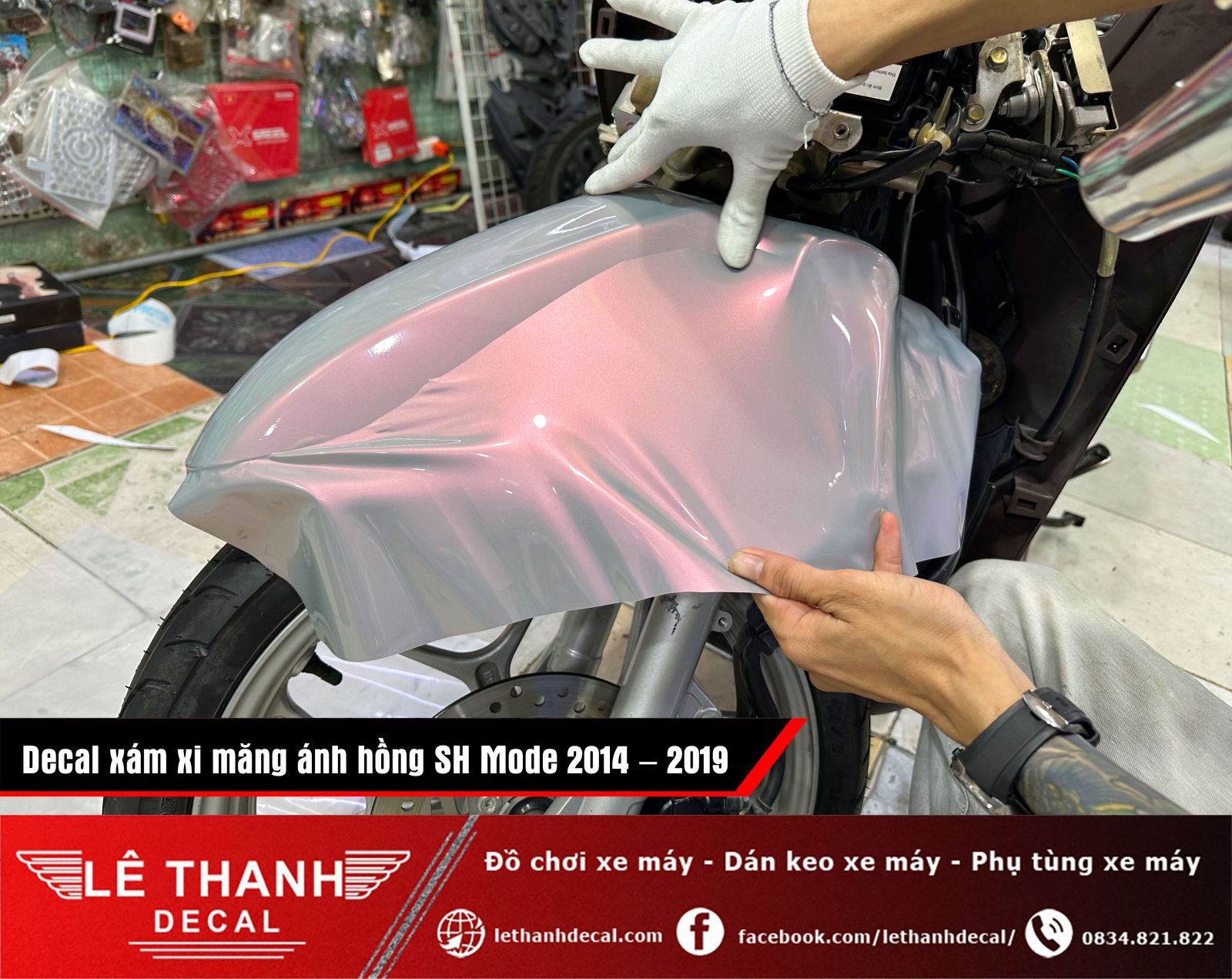 Dán decal đổi màu xám xi măng ánh hồng SH Mode 2014 - 2019