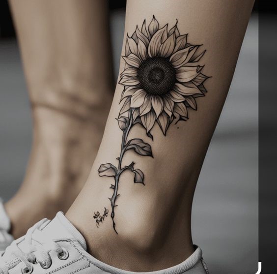 tattoo cành hướng dương cực xinh cho nữ ở chân