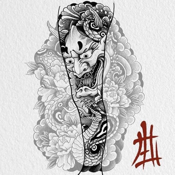 tattoo mặt quỷ full chân đen trắng