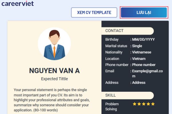 Lưu lại để hoàn thành việc tạo CV trên CV Hay