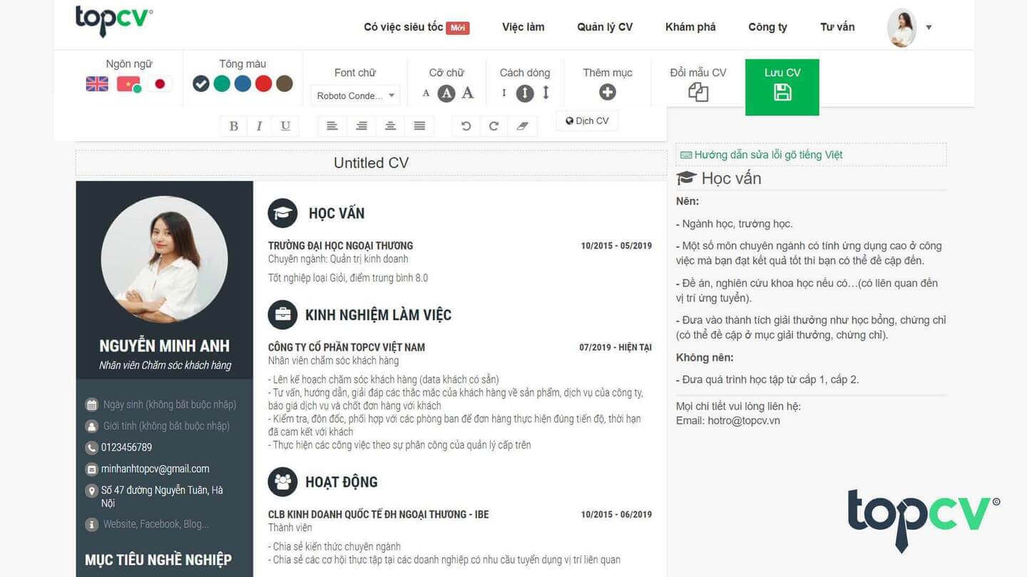 Tao va chinh sua thong tin trong CV online de dang voi TopCV