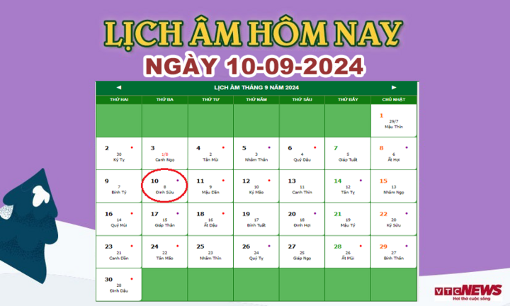 Xem lịch âm hôm nay ngày 10/9/2024