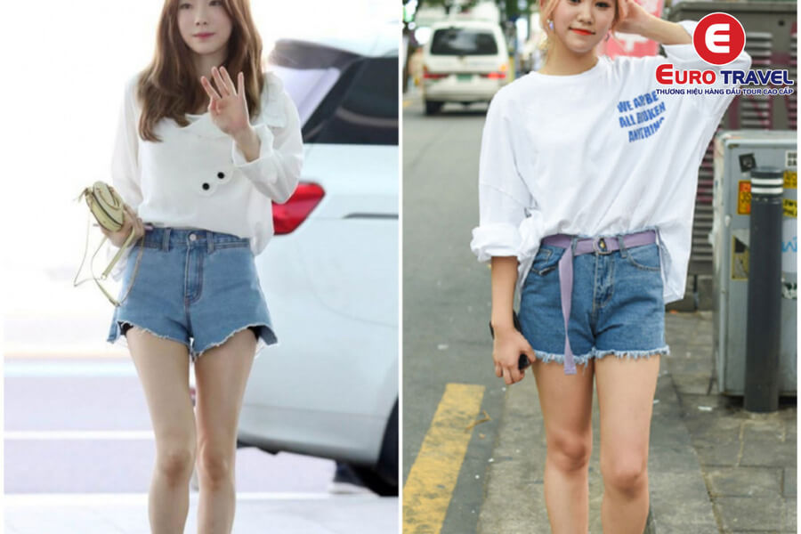 Trang phục đi du lịch áo phông + quần short jean