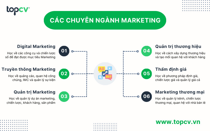 Ngành Marketing gồm các chuyên ngành Digital, truyền thông, quản trị, thẩm định giá