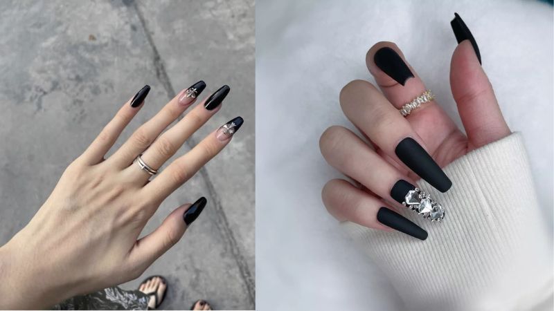 Mẫu nail đen cổ điển đính hoa tiết đơn giản (Ảnh: sưu tầm)