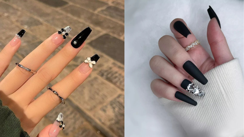 Mẫu nail đen đính đá sang chảnh 2 (Ảnh: sưu tầm)