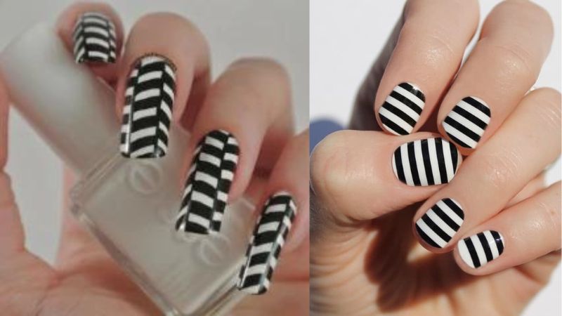 Mẫu nail đen kết hợp kẻ sọc trắng 2 (Ảnh: sưu tầm)