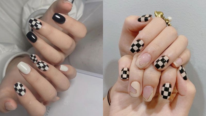 Mẫu nail đen kẻ caro 2 (Ảnh: sưu tầm)